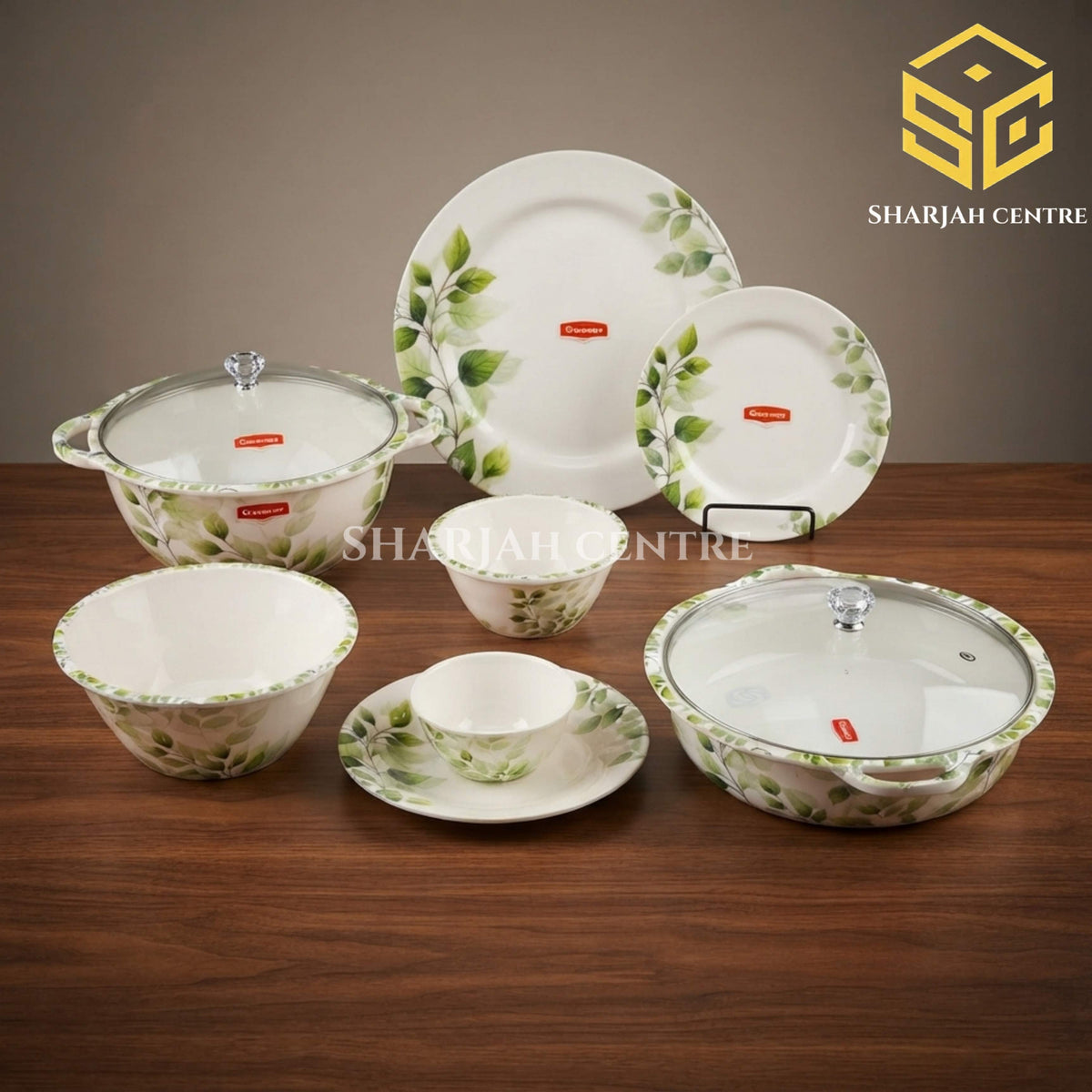 Graceware green leaf melamine dinner set, 88-piece dinnerware set, crystal coated melamine crockery, 8 person dinner set, wooden table display