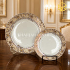 Beige and gold baroque Green Crockery dinnerware in a luxury dining interior