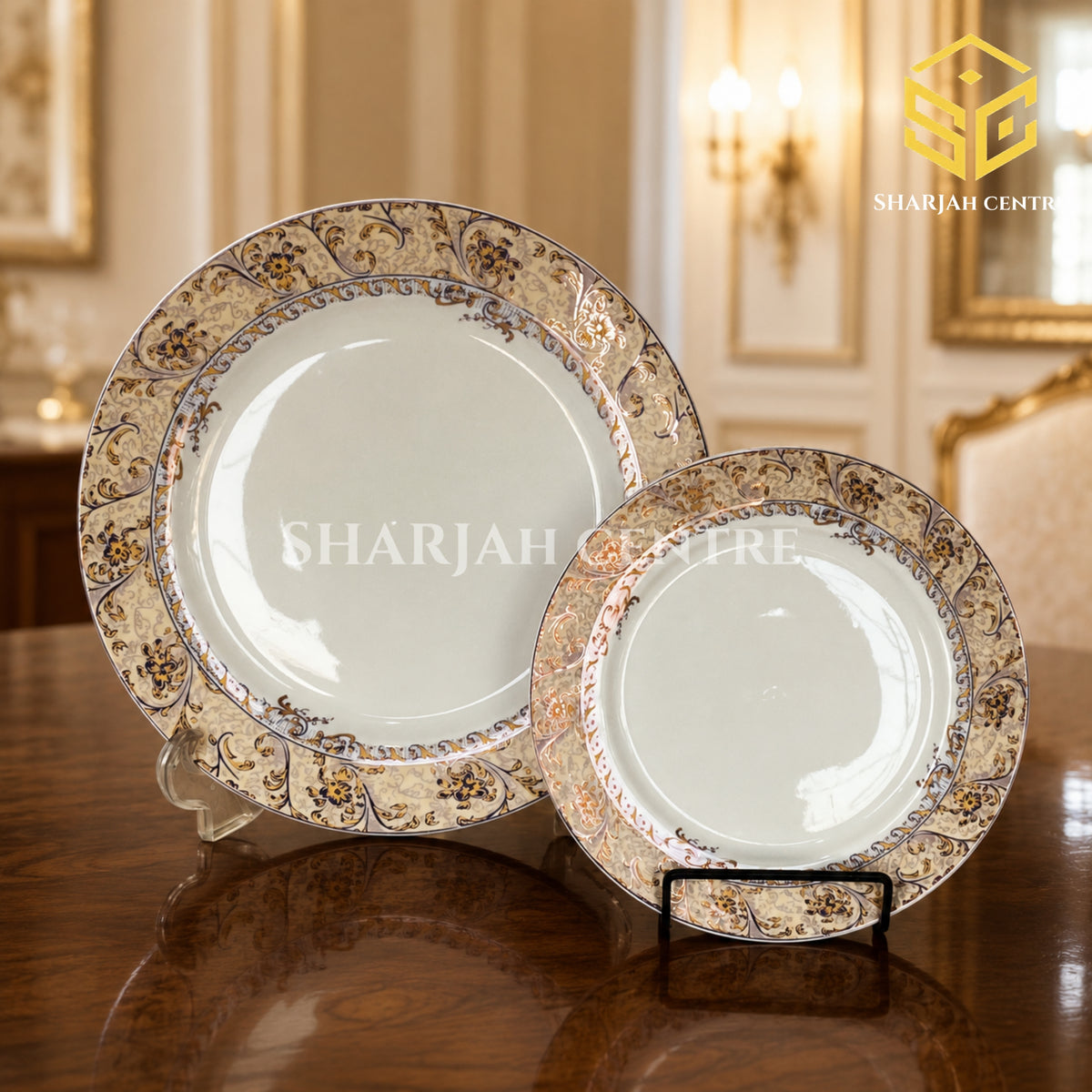Beige and gold baroque Green Crockery dinnerware in a luxury dining interior