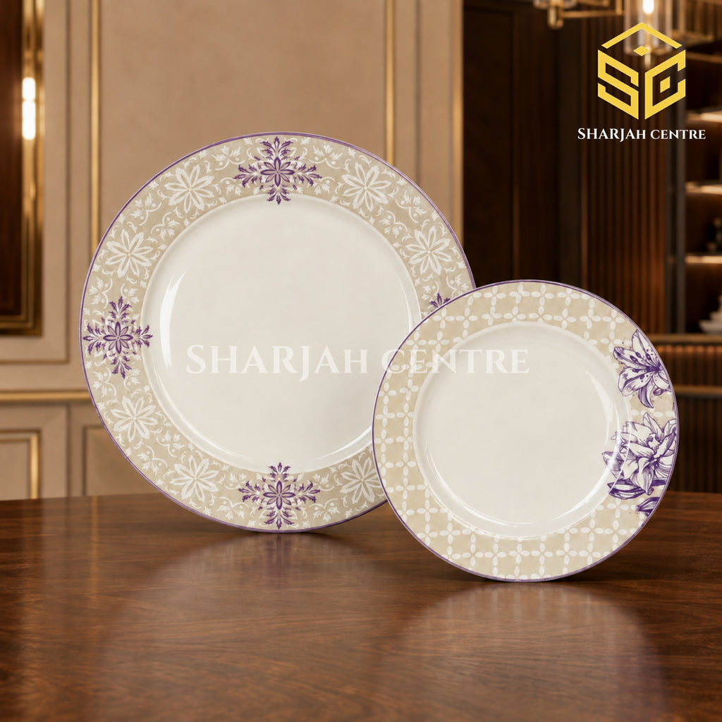 Beige and purple Green Crockery dinner set displayed on a luxury wooden table
