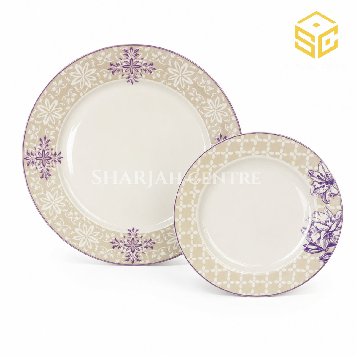Green Crockery beige and purple floral fine bone china dinner set