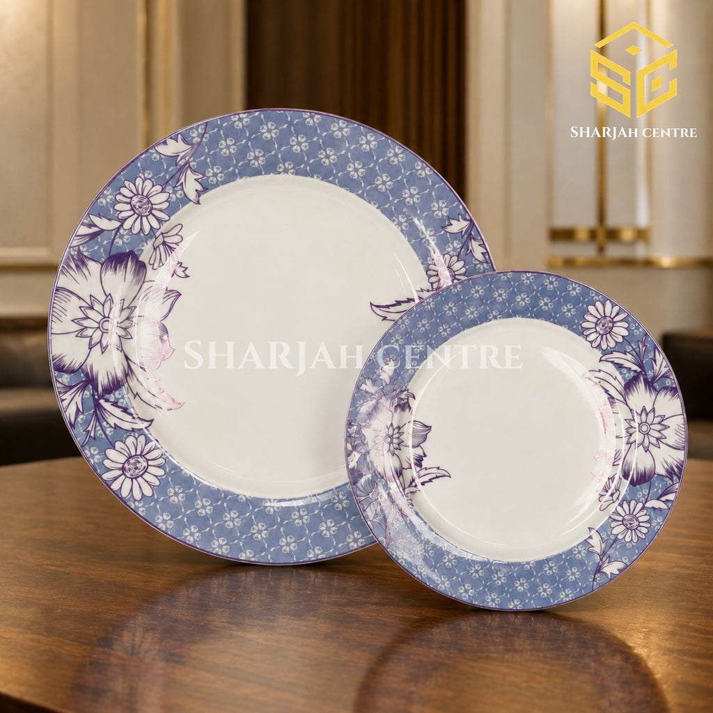 Blue-grey floral Green Crockery dinnerware displayed in a luxury interior