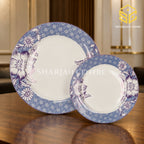 Blue-grey floral Green Crockery dinnerware displayed in a luxury interior