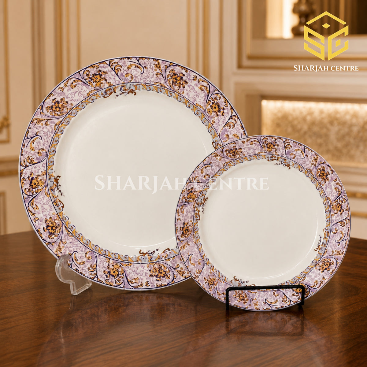 Lavender and gold Green Crockery dinner set displayed on a luxury wooden table
