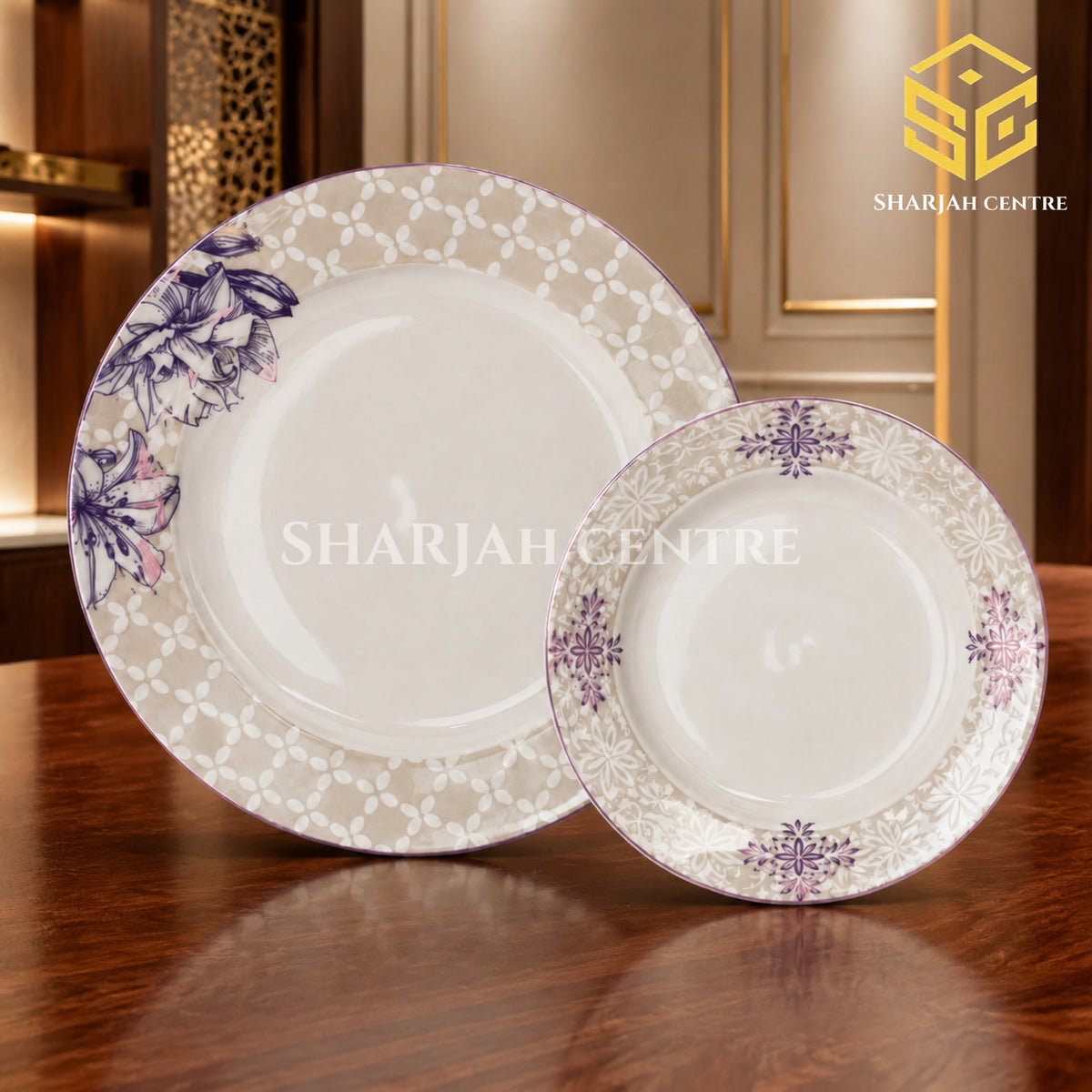 Green Crockery pink floral dinner set displayed on a luxury wooden dining table
