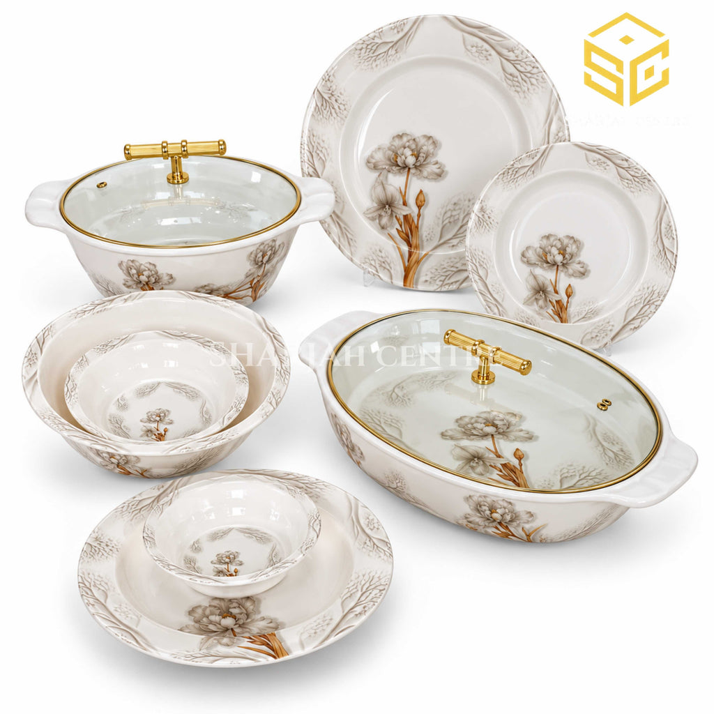 Grey floral melamine dinner set 8 person 77 pieces, white background, botanical borders, round and oval covered serving dishes
