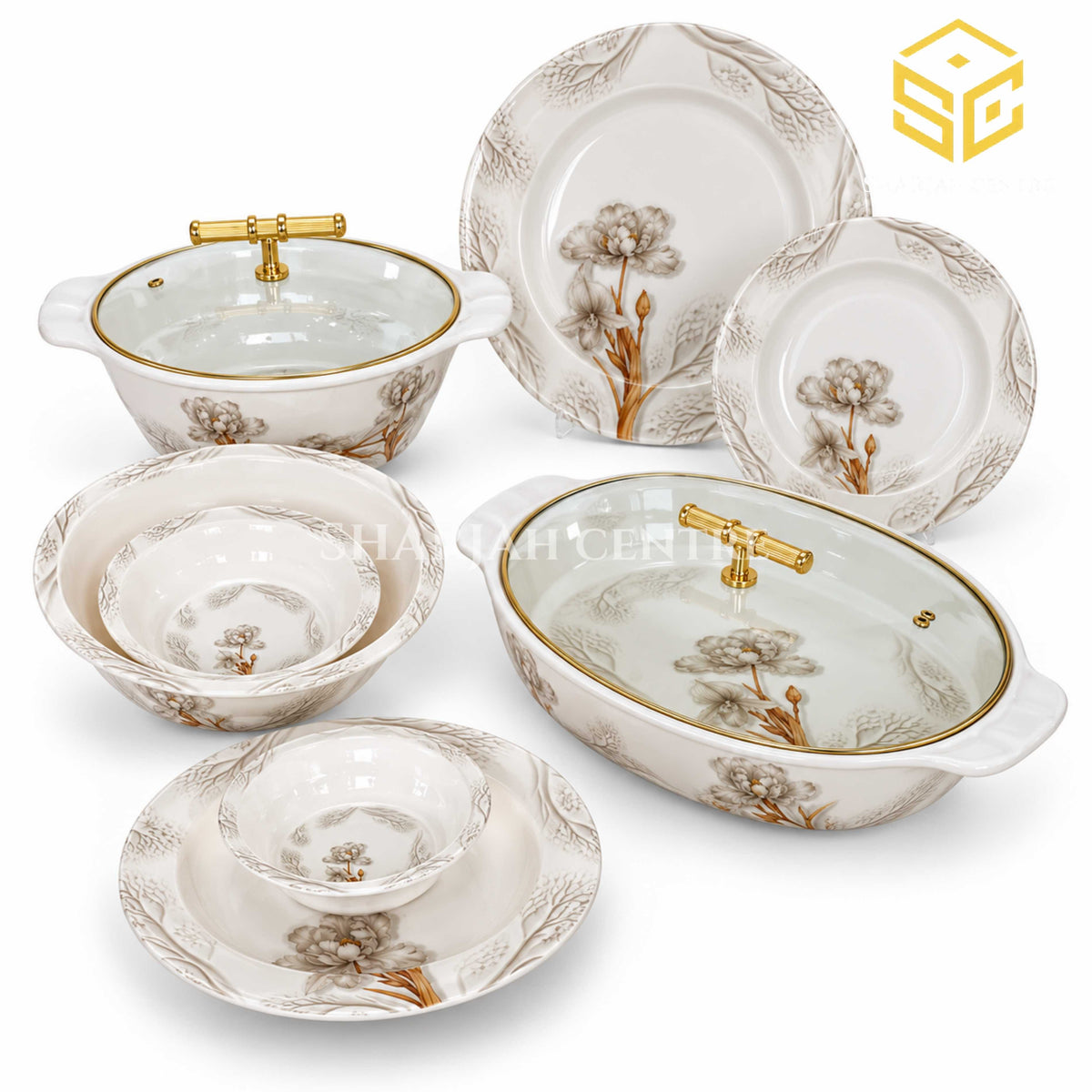 Grey floral melamine dinner set 8 person 77 pieces, white background, botanical borders, round and oval covered serving dishes