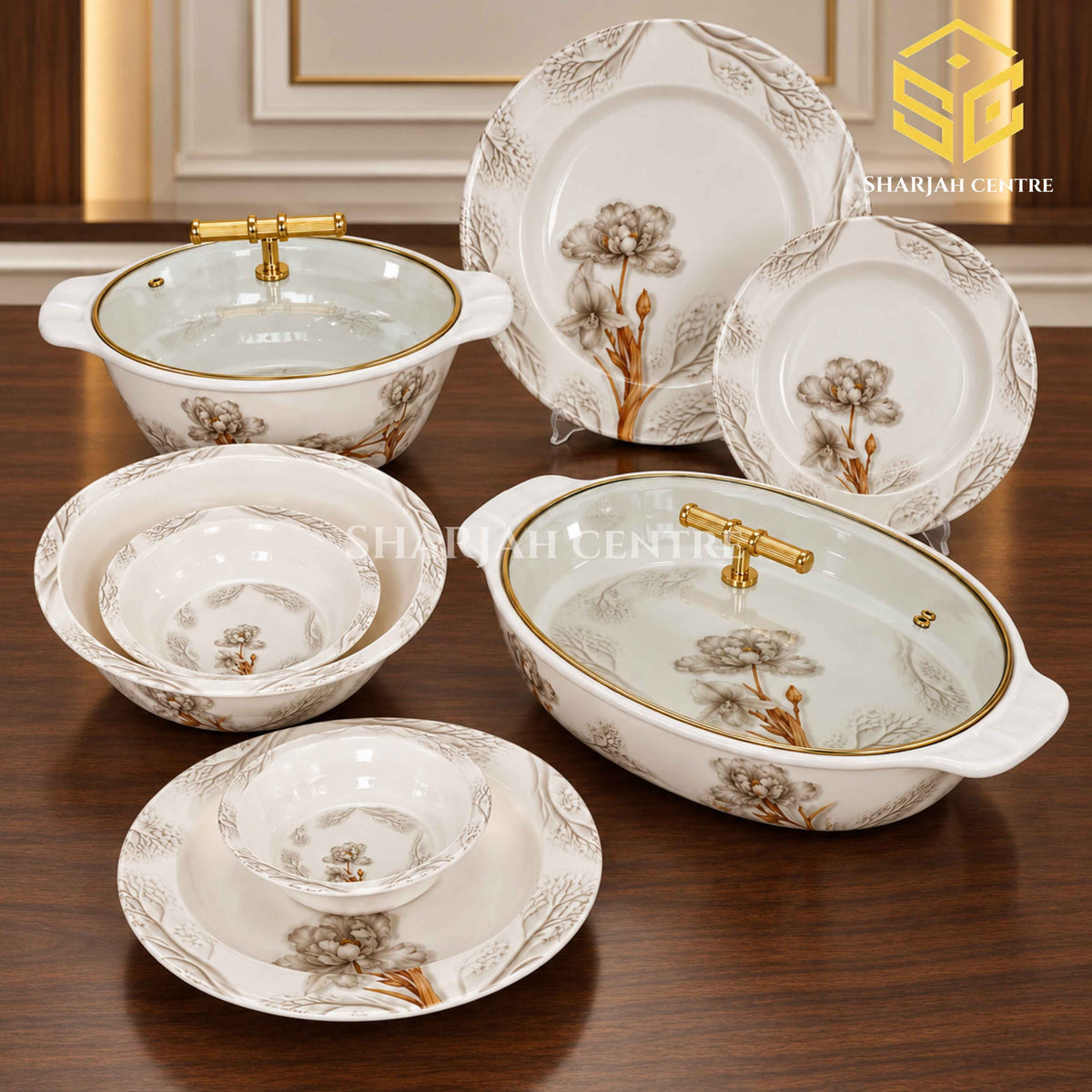 Grey floral melamine dinner set, white plates and bowls, gold-tone lid handles, wooden dining table