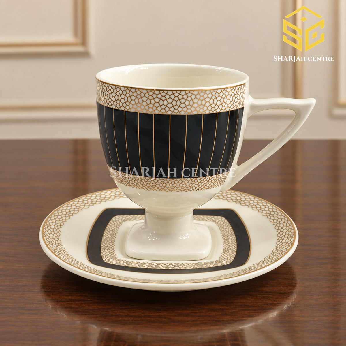 ivory black gold cup and saucer, gold lattice pattern, black panel design, pedestal tea cup, luxury wooden table setting, Sharjah Centre Multan