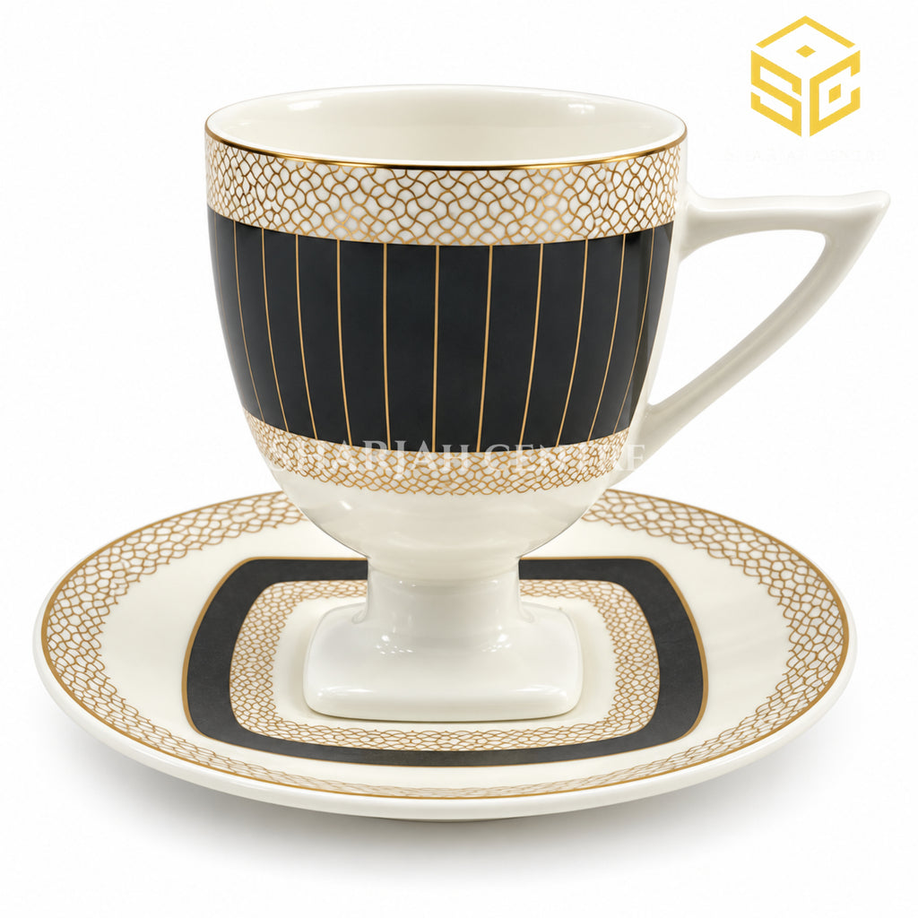 ivory black gold cup and saucer, lattice gold detailing, pedestal base, designer tea crockery, Sharjah Centre Multan