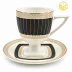 ivory black gold cup and saucer, lattice gold detailing, pedestal base, designer tea crockery, Sharjah Centre Multan