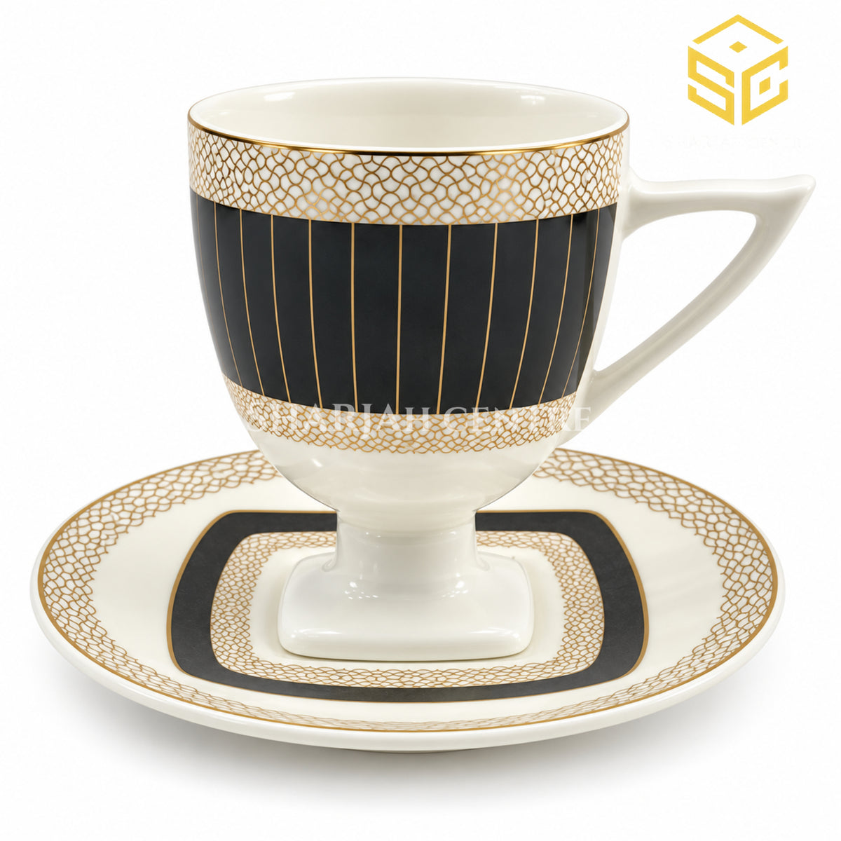 ivory black gold cup and saucer, lattice gold detailing, pedestal base, designer tea crockery, Sharjah Centre Multan