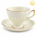 ivory white gold cup and saucer, gold accent handle, pedestal base, premium tea crockery, Sharjah Centre Multan