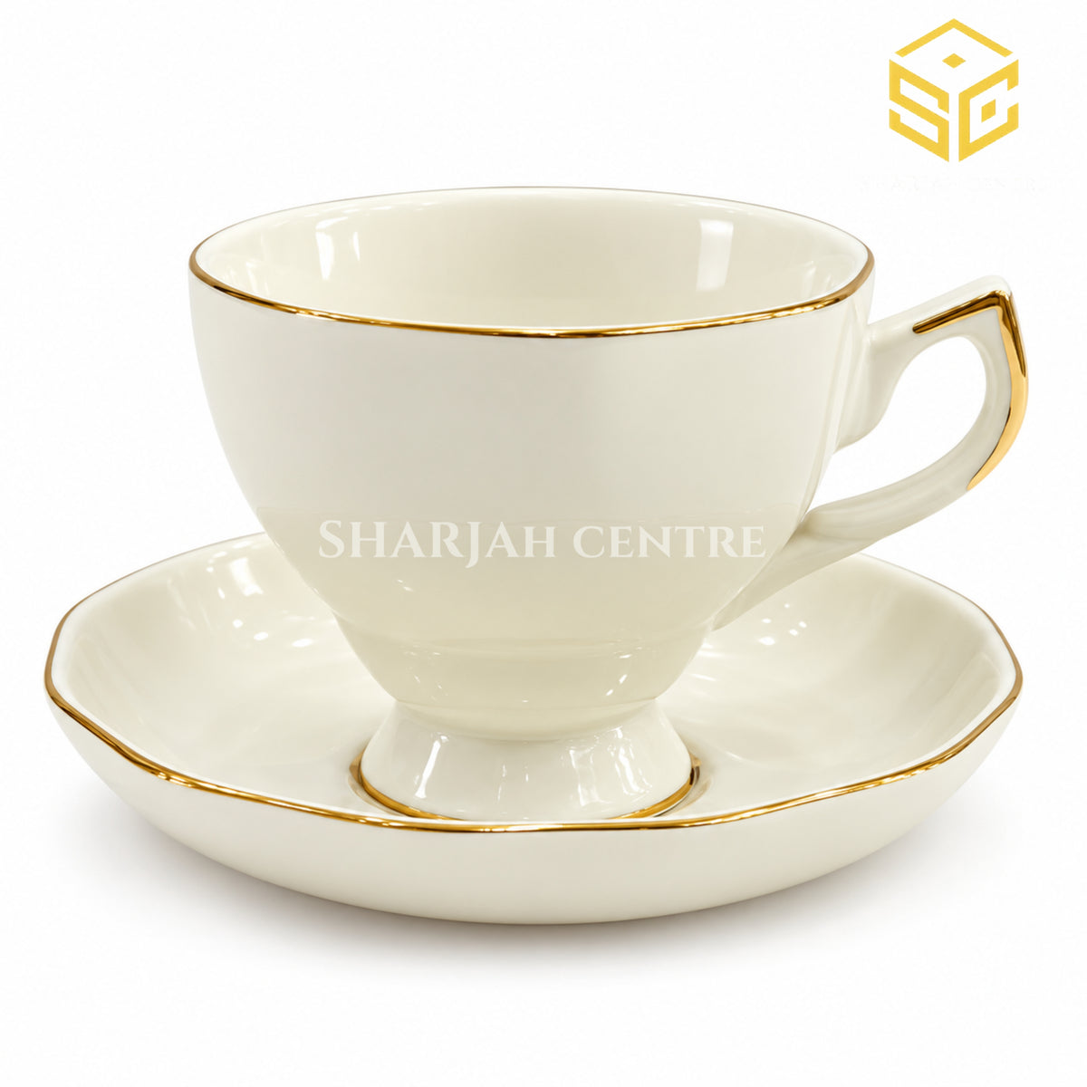 ivory white gold cup and saucer, gold accent handle, pedestal base, premium tea crockery, Sharjah Centre Multan