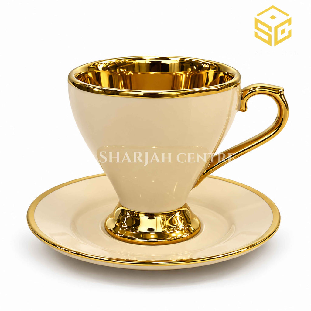 Ivory and gold luxury cup and saucer set on white background – Sharjah Centre Multan