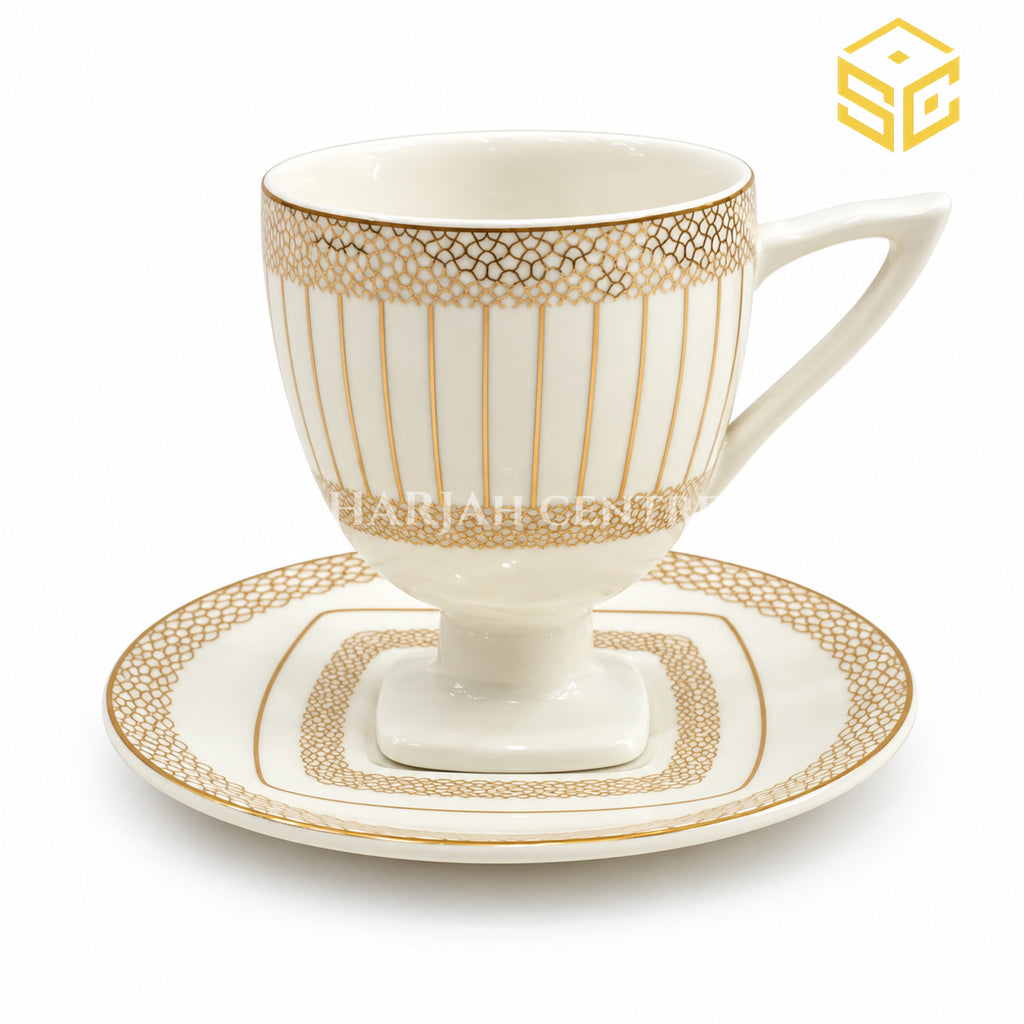 ivory white gold cup and saucer, lattice gold design, pedestal base, premium tea crockery, Sharjah Centre Multan