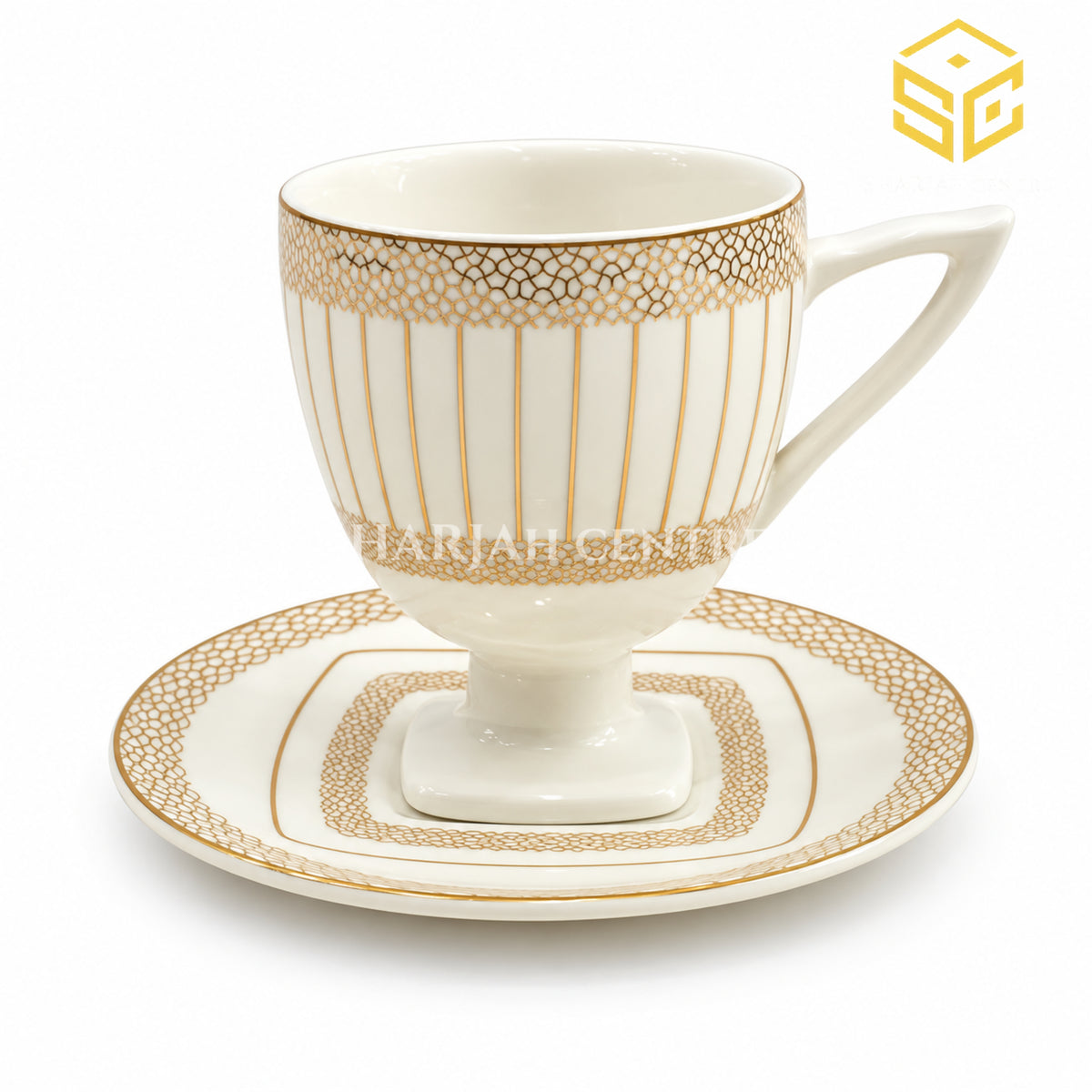 ivory white gold cup and saucer, lattice gold design, pedestal base, premium tea crockery, Sharjah Centre Multan
