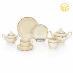 Ivory 24-piece Super Bone tea set with 6 person serving, minimal ornamental design and gold-tone edging white bg