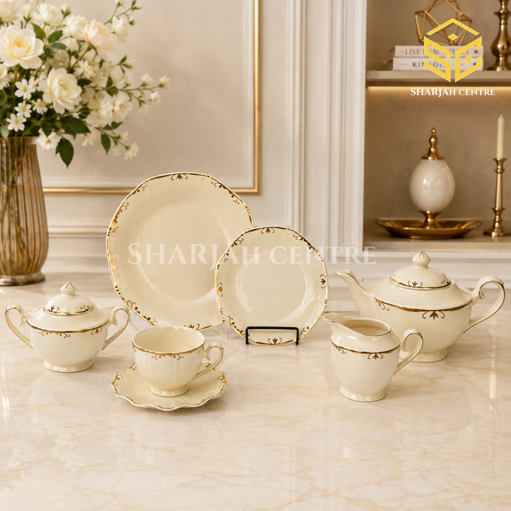 Ivory 24-piece Super Bone tea set with 6 person serving, minimal ornamental design and gold-tone edging color bg