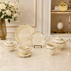 Ivory 24-piece Super Bone tea set with 6 person serving, minimal ornamental design and gold-tone edging color bg