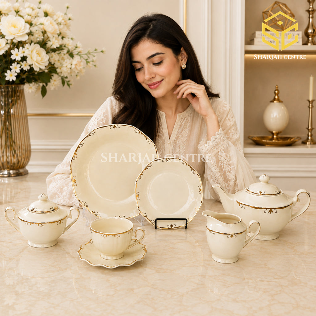 Ivory 24-piece Super Bone tea set with 6 person serving, minimal ornamental design and gold-tone edging model bg