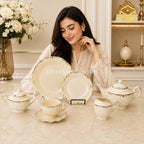 Ivory 24-piece Super Bone tea set with 6 person serving, minimal ornamental design and gold-tone edging model bg