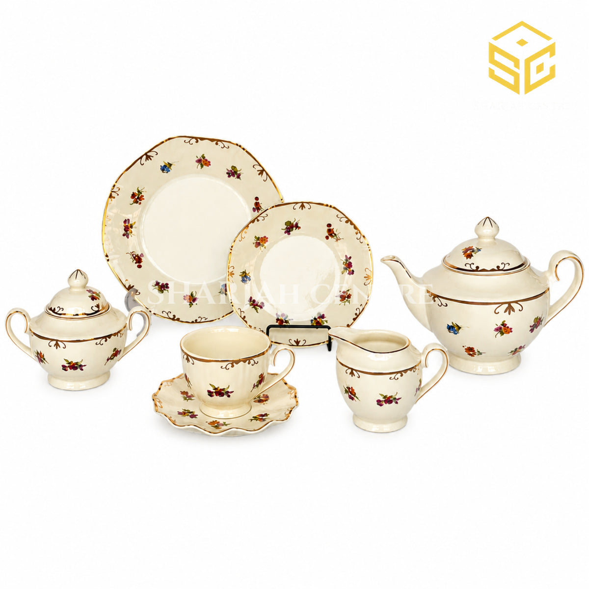 Ivory 24-piece tea set with 6 person serving, small multicolour flowers, scalloped edges and brown borders white bg