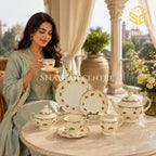 Ivory 24-piece tea set with 6 person serving, small multicolour flowers, scalloped edges and brown borders model bg