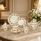 Ivory 24-piece tea set with 6 person serving, small multicolour flowers, scalloped edges and brown borders color bg