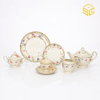 Ivory 24-piece Super Bone tea set with 6 person serving, delicate pink and purple flowers and green vines white bg