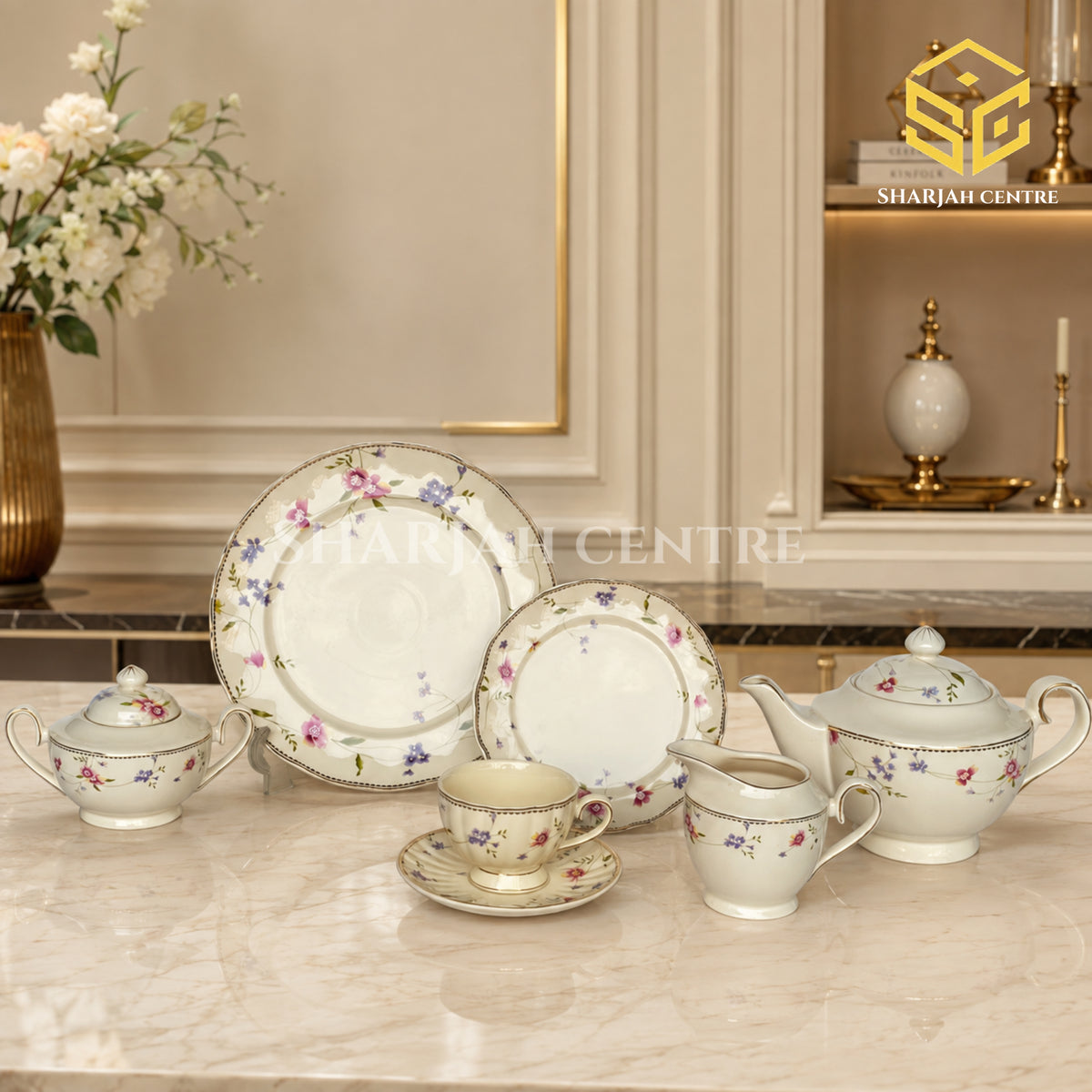 Ivory 24-piece Super Bone tea set with 6 person serving, delicate pink and purple flowers and green vines color bg