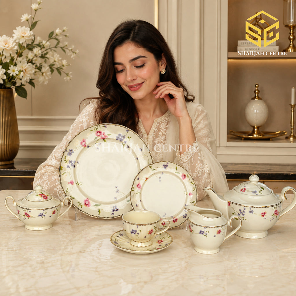 Ivory 24-piece Super Bone tea set with 6 person serving, delicate pink and purple flowers and green vines model bg