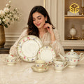 Ivory 24-piece Super Bone tea set with 6 person serving, delicate pink and purple flowers and green vines model bg
