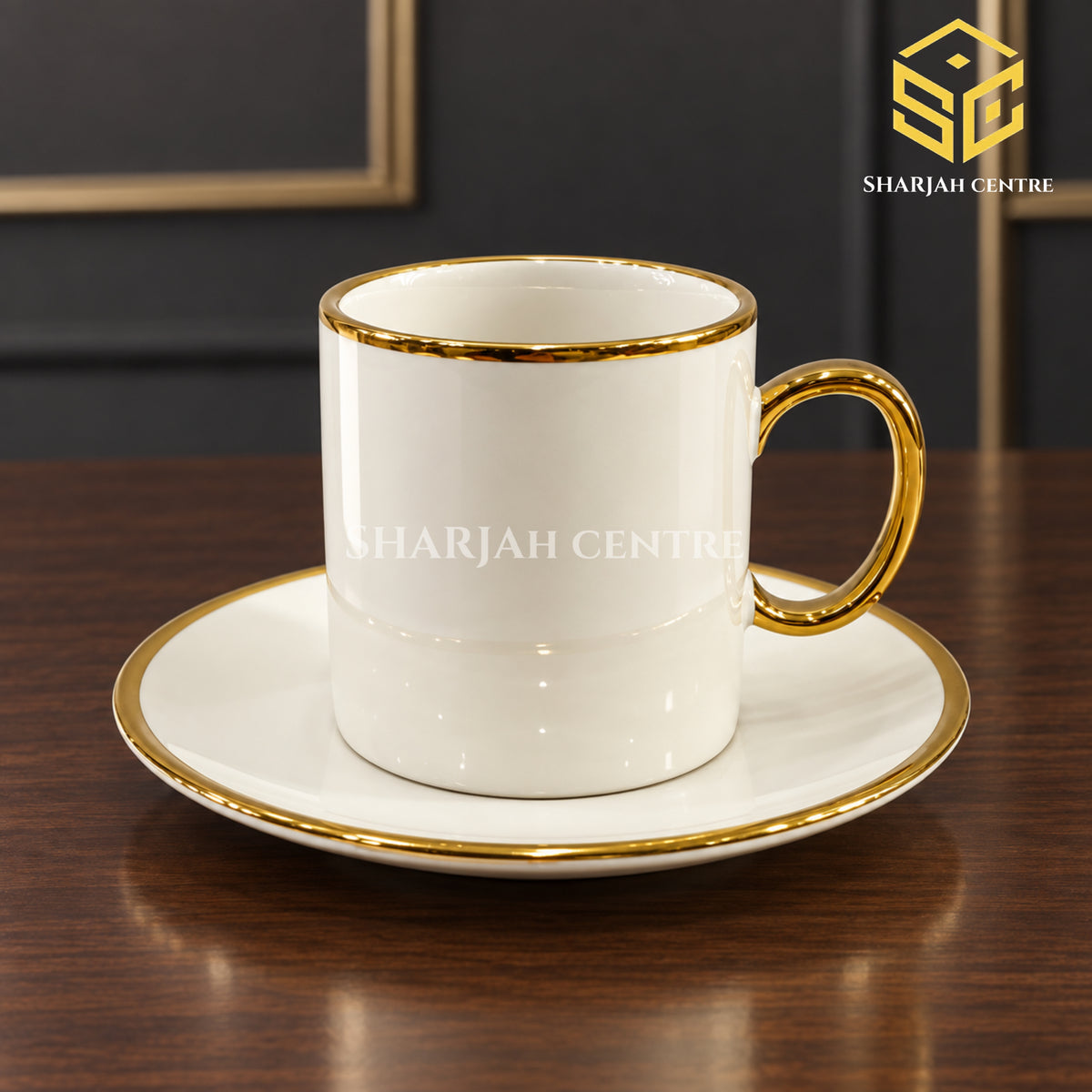 ivory white cup and saucer, full gold handle, metallic gold rim, luxury tea crockery, wooden table setting, Sharjah Centre Multan