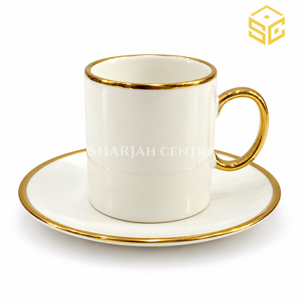 ivory white gold cup and saucer, rounded gold handle, gold rim saucer, premium tea cup, Sharjah Centre Multan