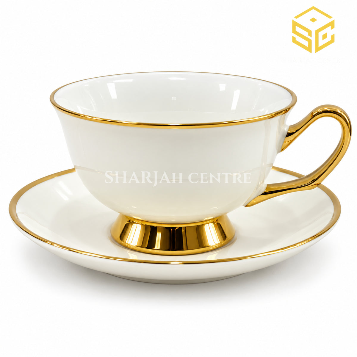 ivory white gold cup and saucer, metallic gold handle, pedestal base, premium tea cup, Sharjah Centre Multan