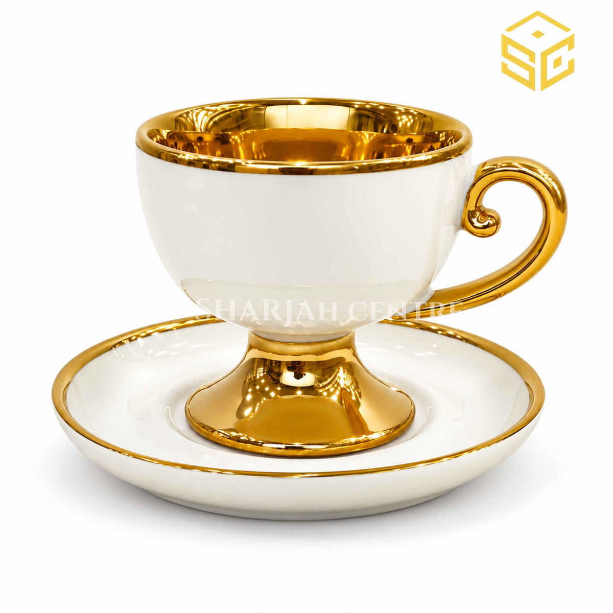 Ivory white and gold scroll handle cup and saucer on white background – Sharjah Centre Multan