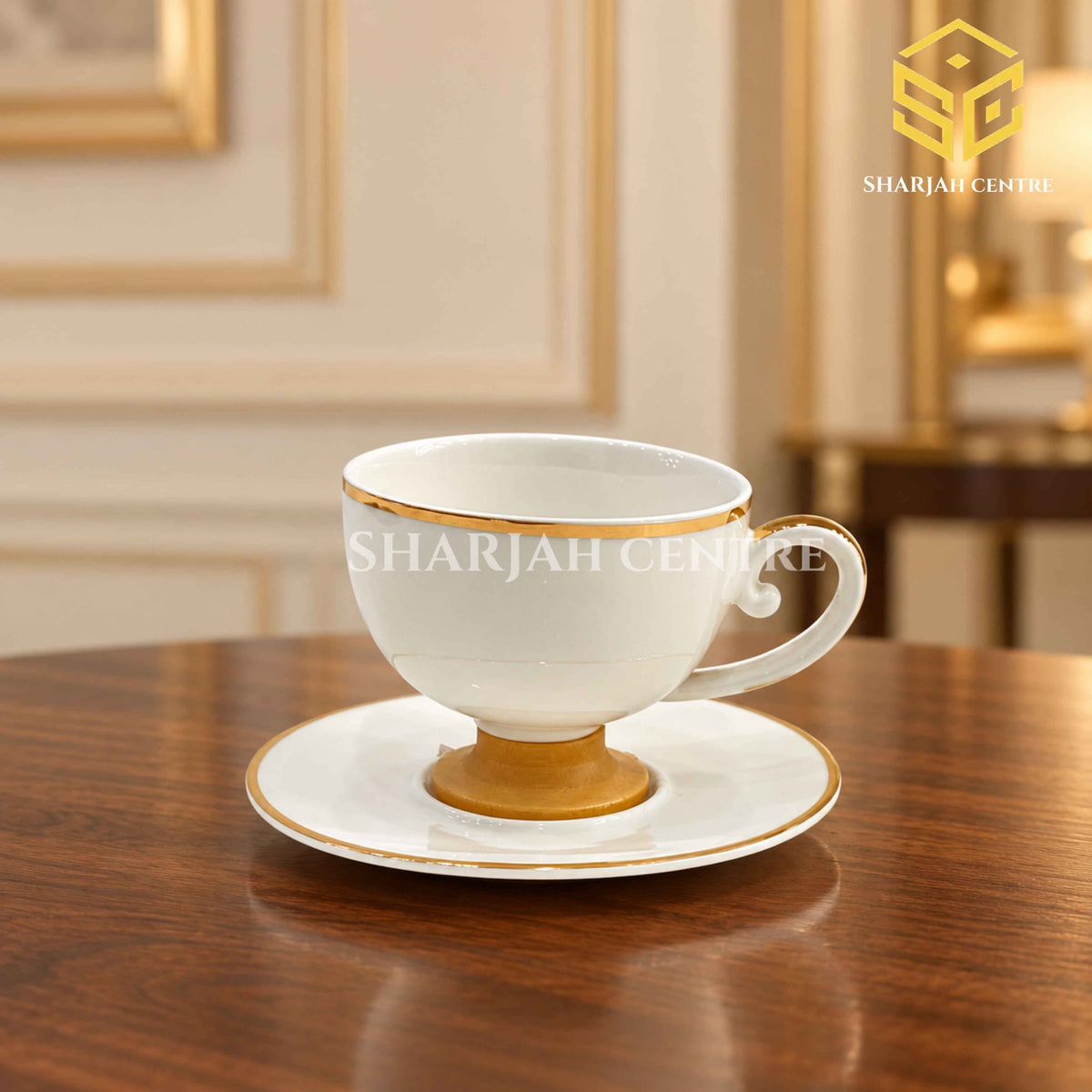 Ivory white cup and saucer, gold detailing, luxury table setting, elegant crockery, Sharjah Centre Multan