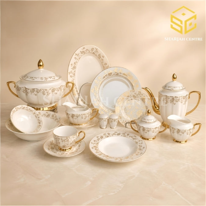 Johanson Bros 61-piece fine bone china dinner set with ivory finish, gold floral borders and serving pieces for 8 persons 1