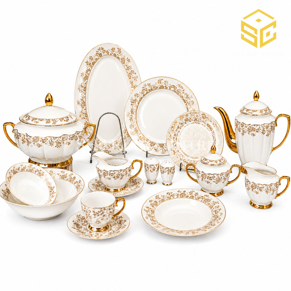 Johanson Bros 61-piece fine bone china dinner set with ivory finish, gold floral borders and serving pieces for 8 persons white bg