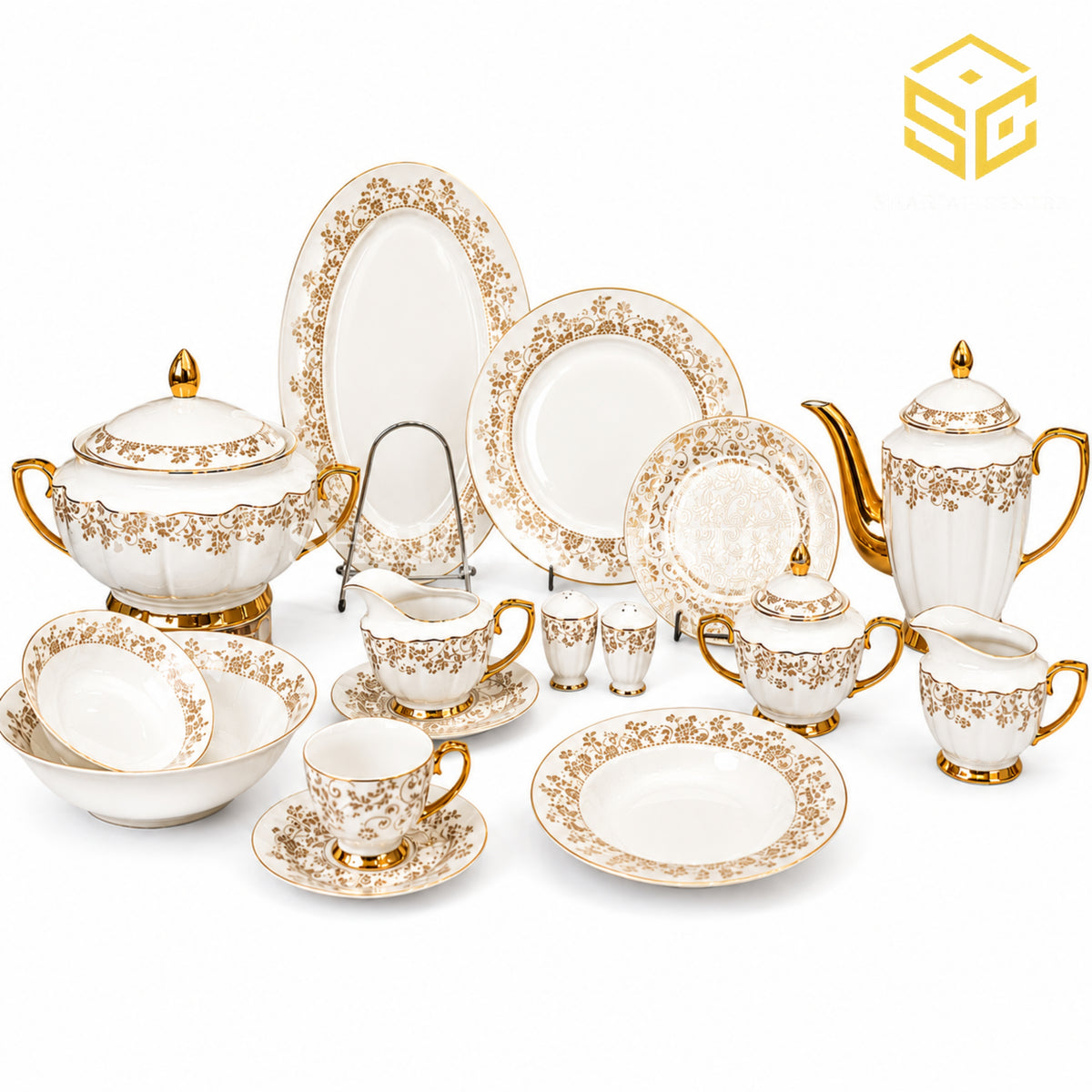 Johanson Bros 61-piece fine bone china dinner set with ivory finish, gold floral borders and serving pieces for 8 persons white bg