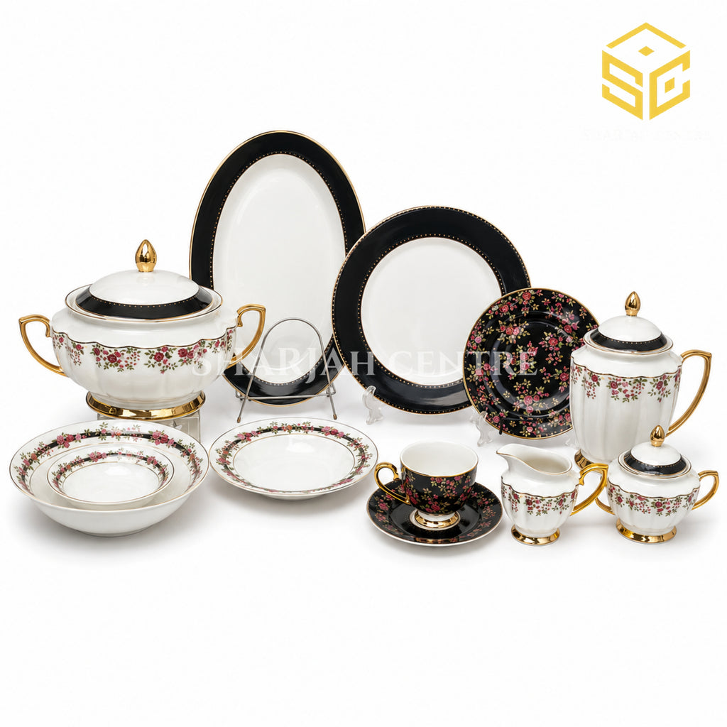 Johanson Bros England 61-piece fine bone china dinner set in black and white with burgundy flowers and gold accents white bg