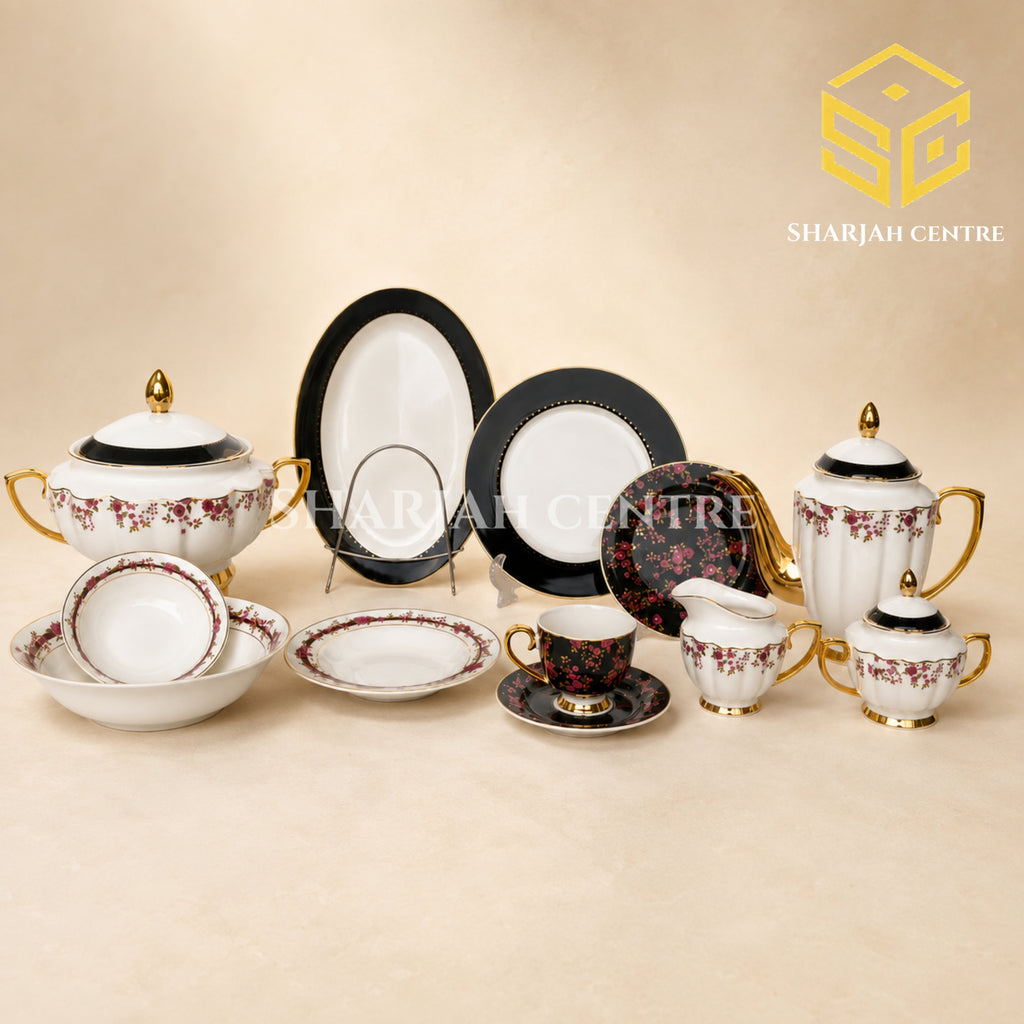 Johanson Bros England 61-piece fine bone china dinner set in black and white with burgundy flowers and gold accents 3