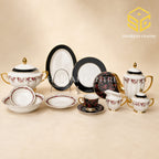 Johanson Bros England 61-piece fine bone china dinner set in black and white with burgundy flowers and gold accents 3