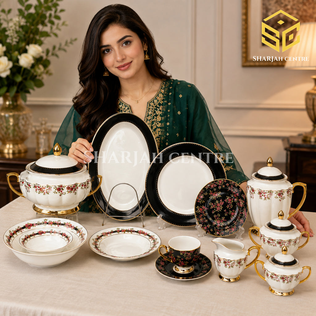 Johanson Bros England 61-piece fine bone china dinner set in black and white with burgundy flowers and gold accents model bg