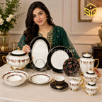 Johanson Bros England 61-piece fine bone china dinner set in black and white with burgundy flowers and gold accents model bg