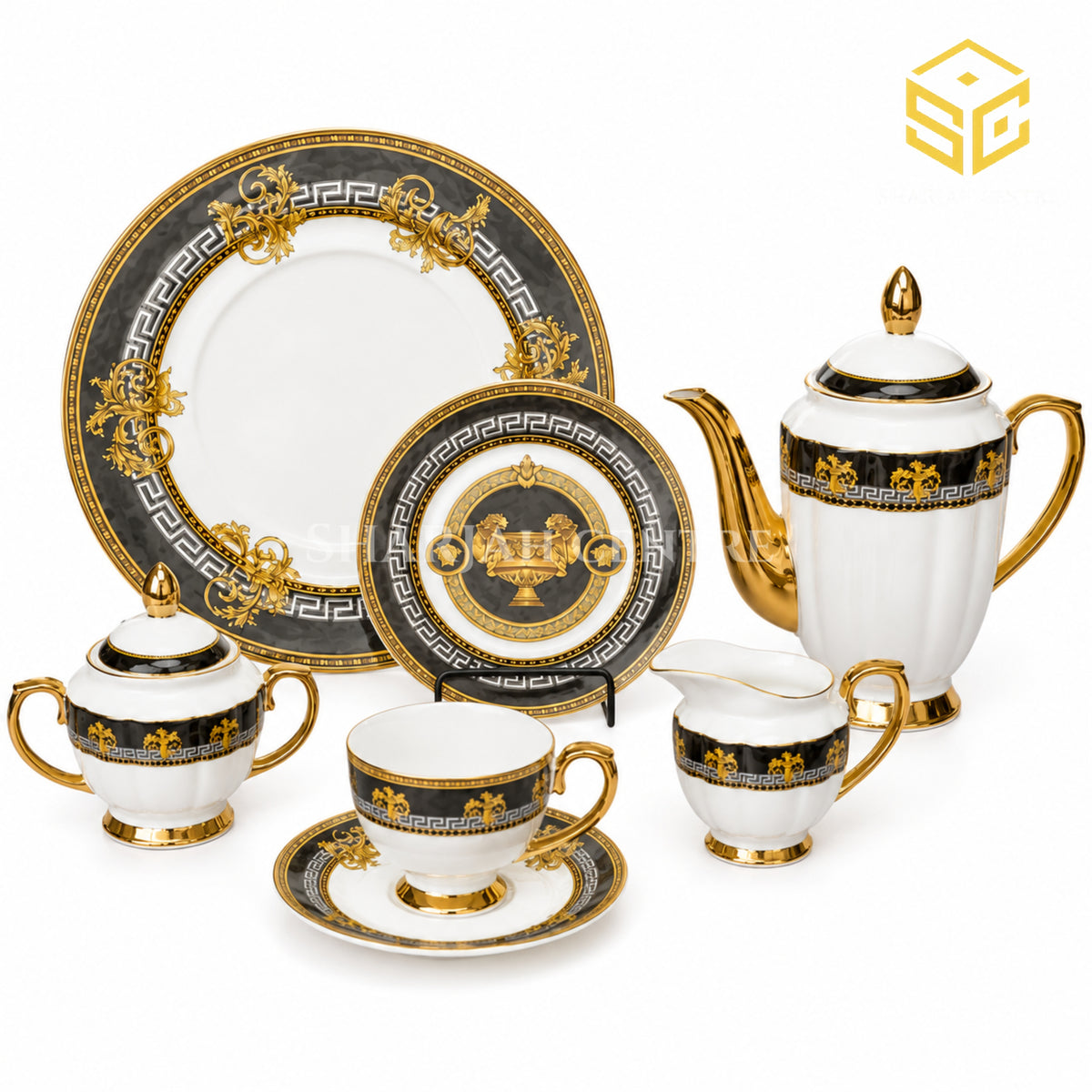 Johanson Bros England 24-piece Super Bone tea set with 6 person serving, black Greek-key borders and gold-tone accents white bg