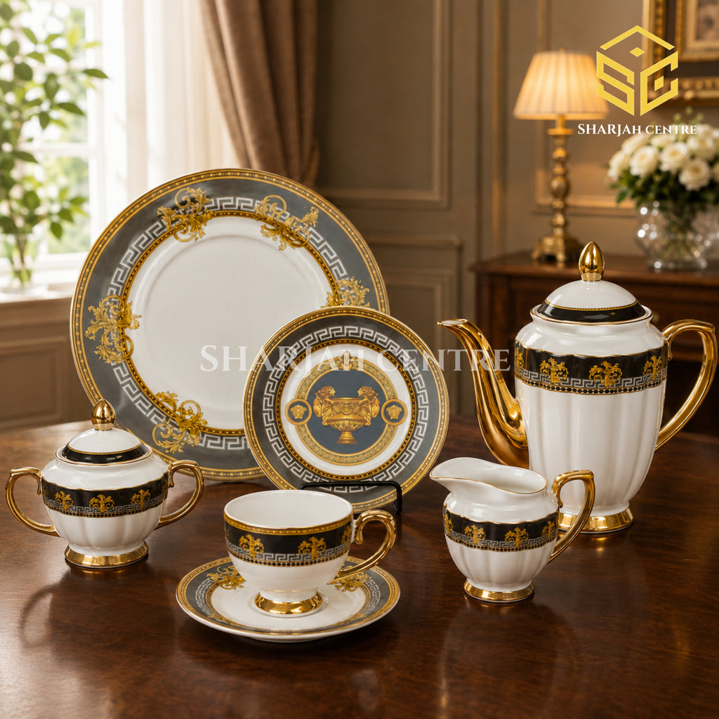 Johanson Bros England 24-piece Super Bone tea set with 6 person serving, black Greek-key borders and gold-tone accents color bg