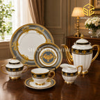 Johanson Bros England 24-piece Super Bone tea set with 6 person serving, black Greek-key borders and gold-tone accents color bg