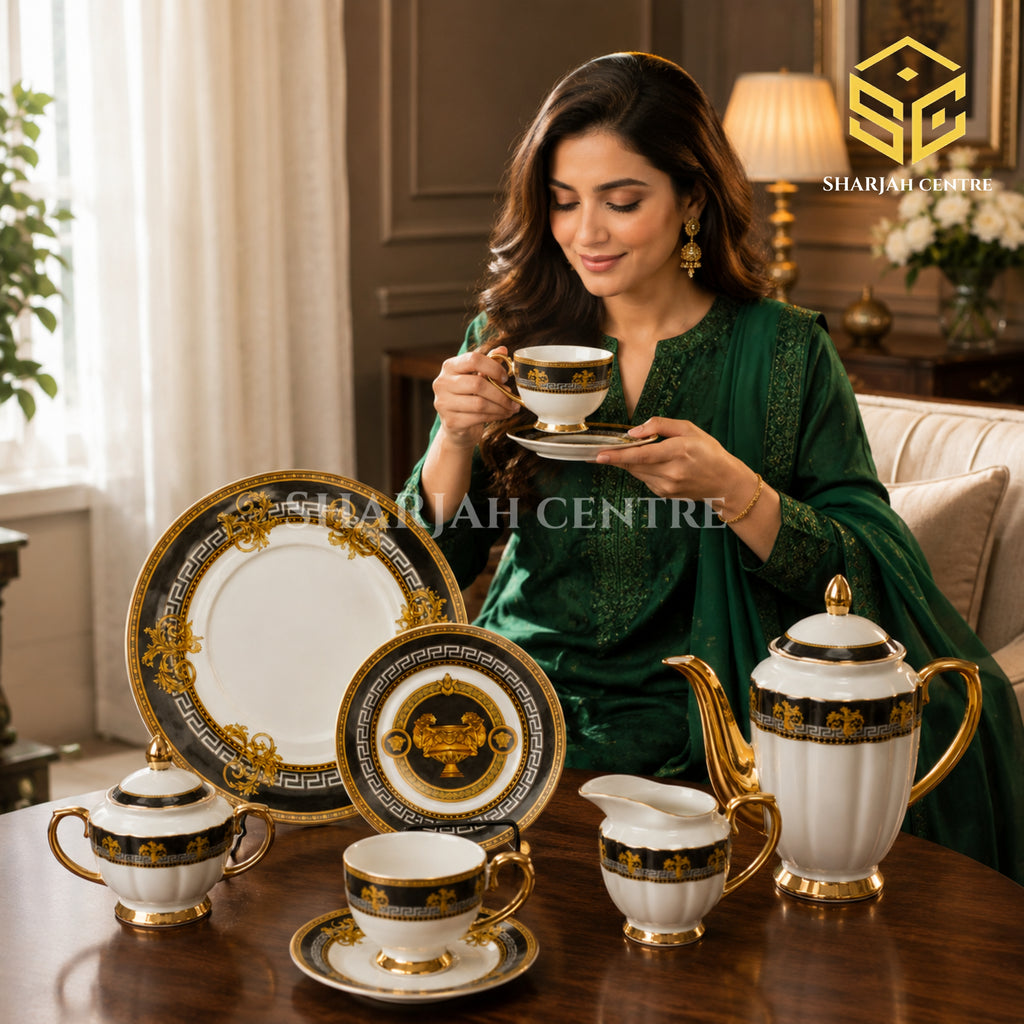 Johanson Bros England 24-piece Super Bone tea set with 6 person serving, black Greek-key borders and gold-tone accents mode bg